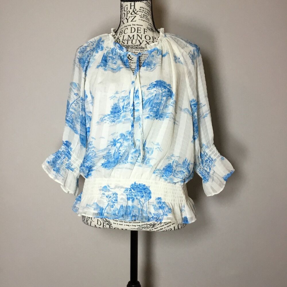 Toile du Jour blouse white blue European countryside ruffles smocked waist LP